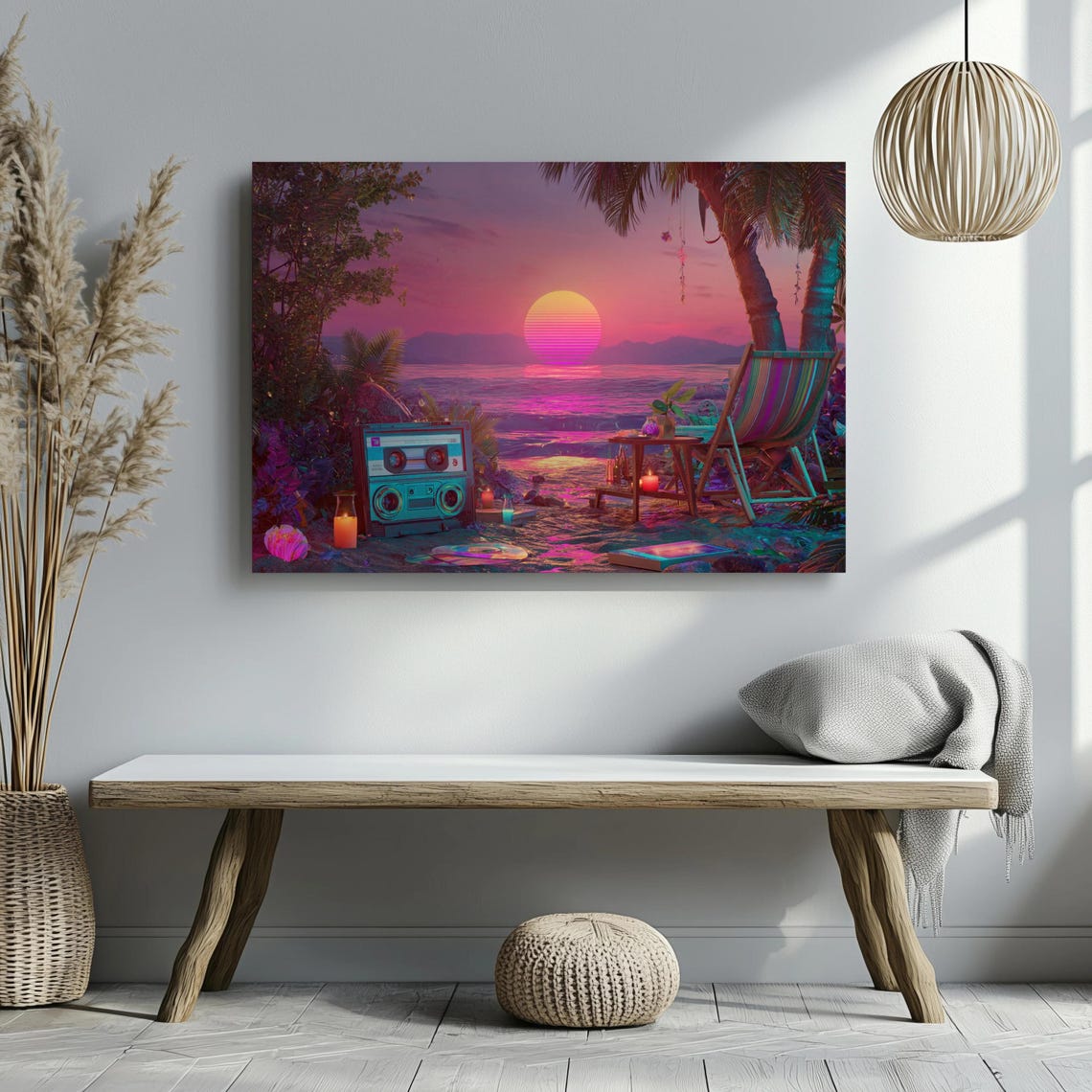 Retro Vaporwave Sunset Beach Boombox Neon 90s Synthwave Art Poster