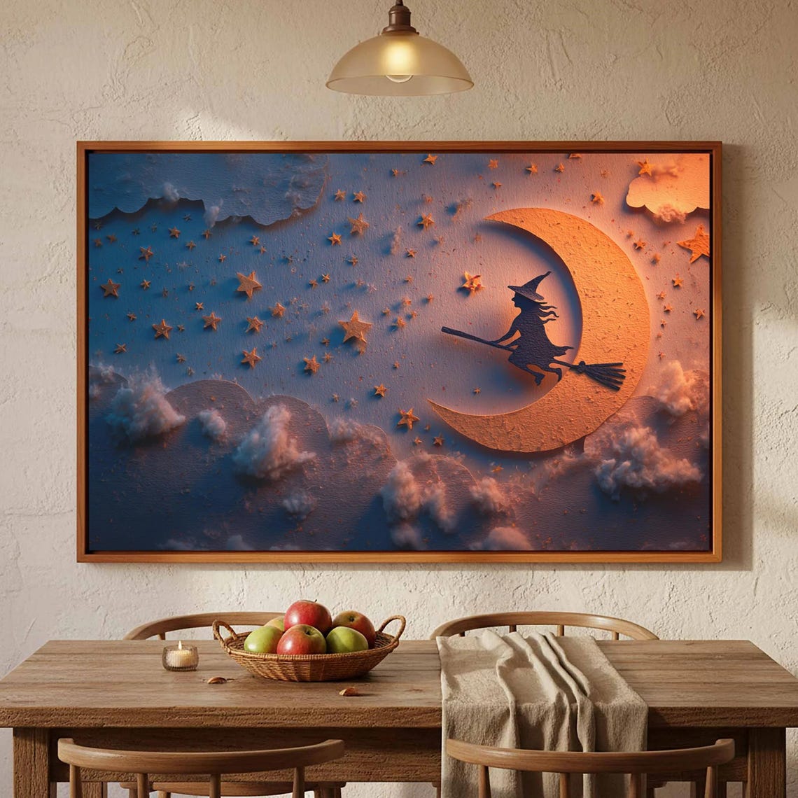Witch Broom Moon Wall Art 3d Paper Style Halloween Print