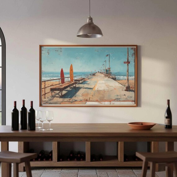 Vintage Surf Beach Pier Surfboards Distressed Coastal Art Poster