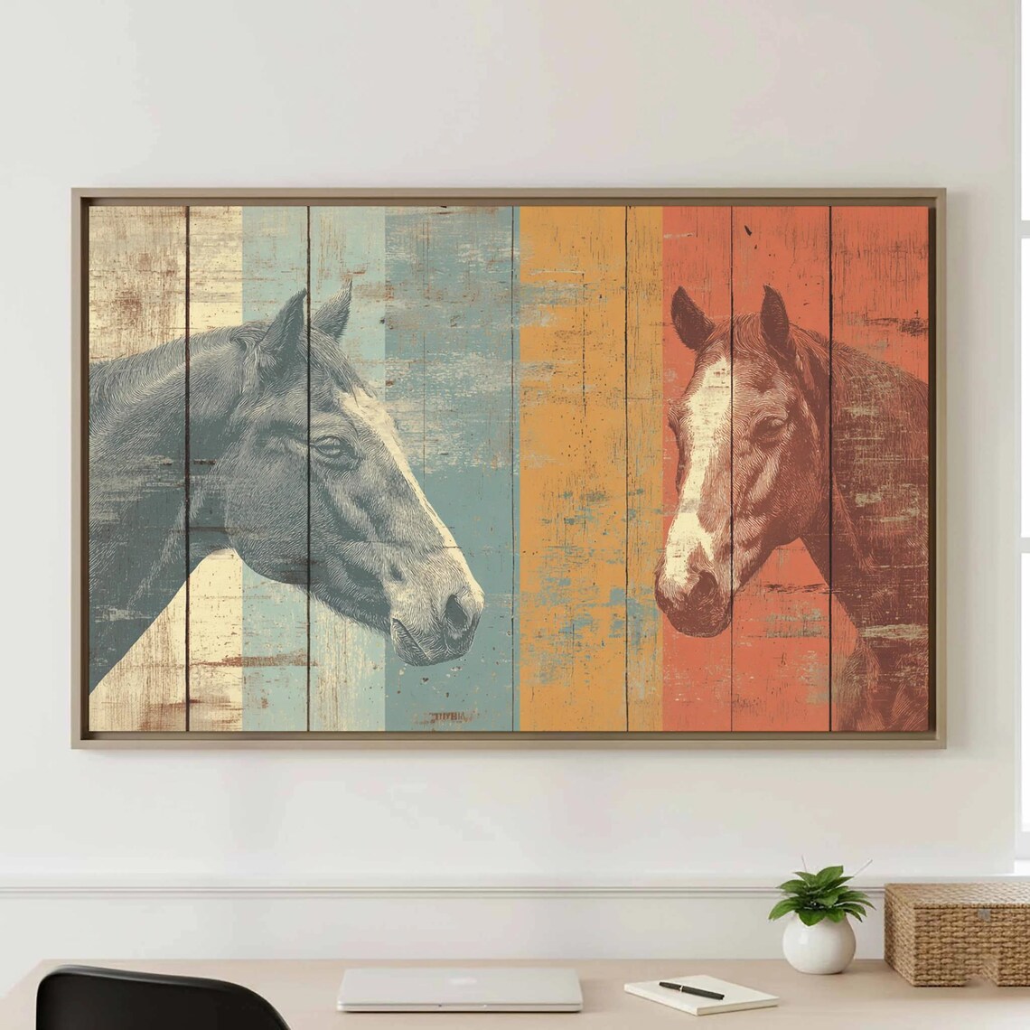 Two Horses Rustic Wood Planks Vintage Western Decor Art Poster