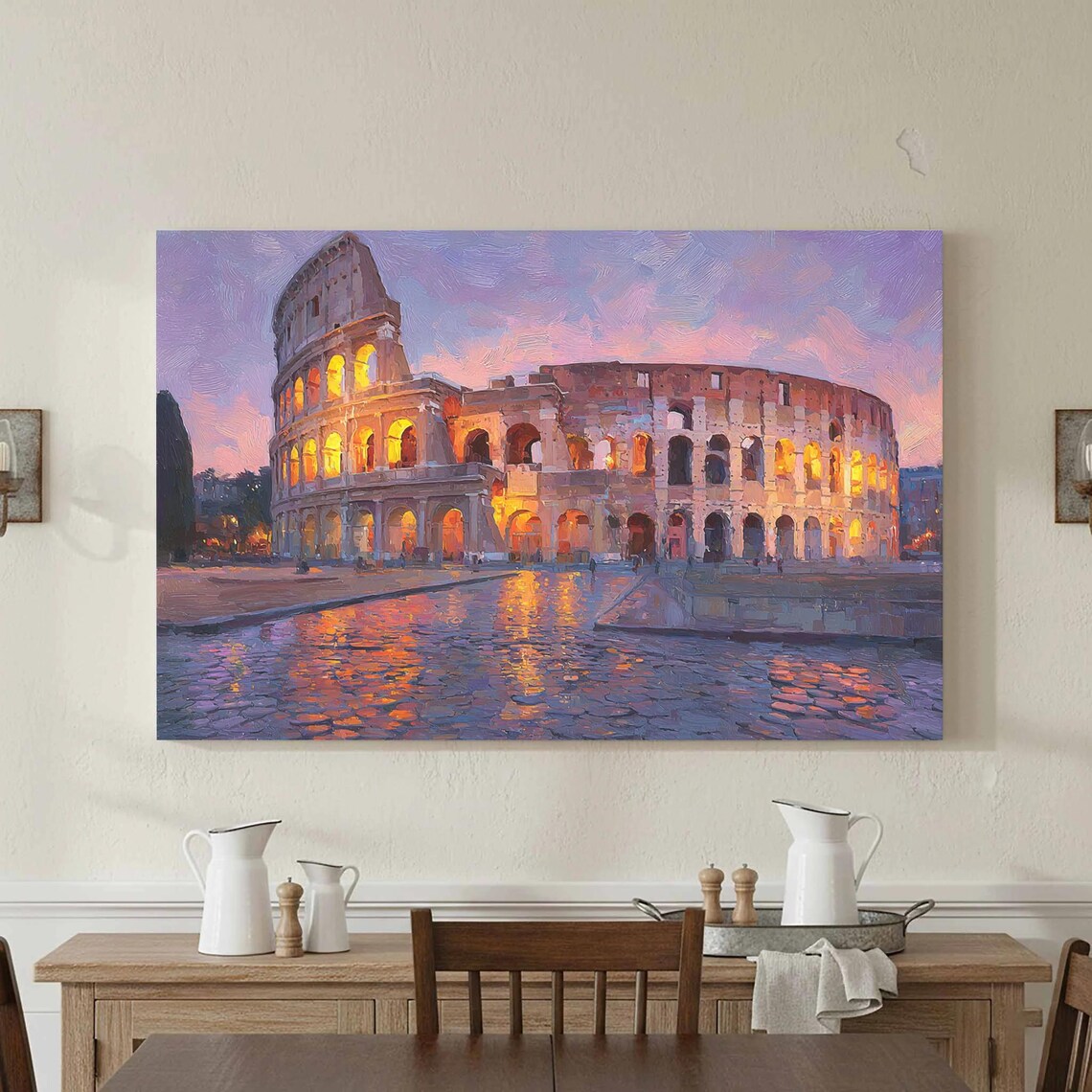 Colosseum Rome Sunset Oil Painting Glowing Arches Night Poster