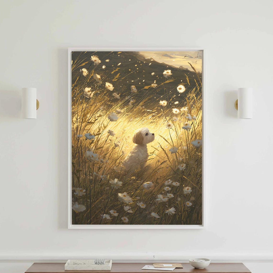 Cavapoo Puppy in Golden Daisy Field Glowing Sunset Painting Poster