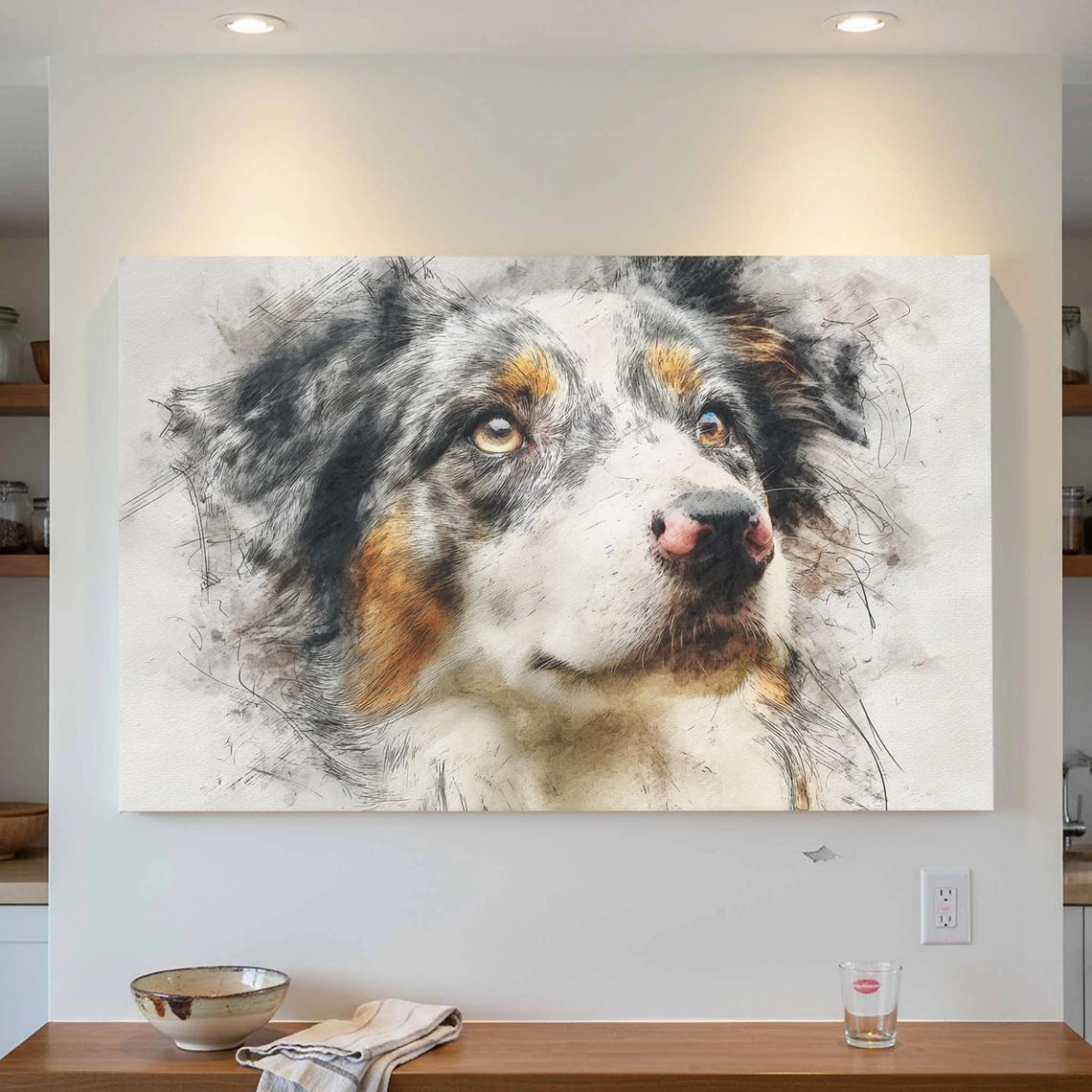 Australian Shepherd Watercolor Sketch Close Up Dog Portrait Print