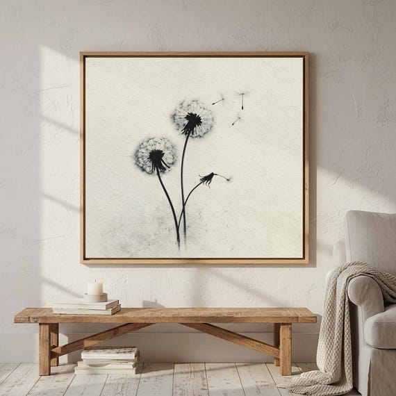 Minimalist Dandelion Wall Art Black White Botanical Print