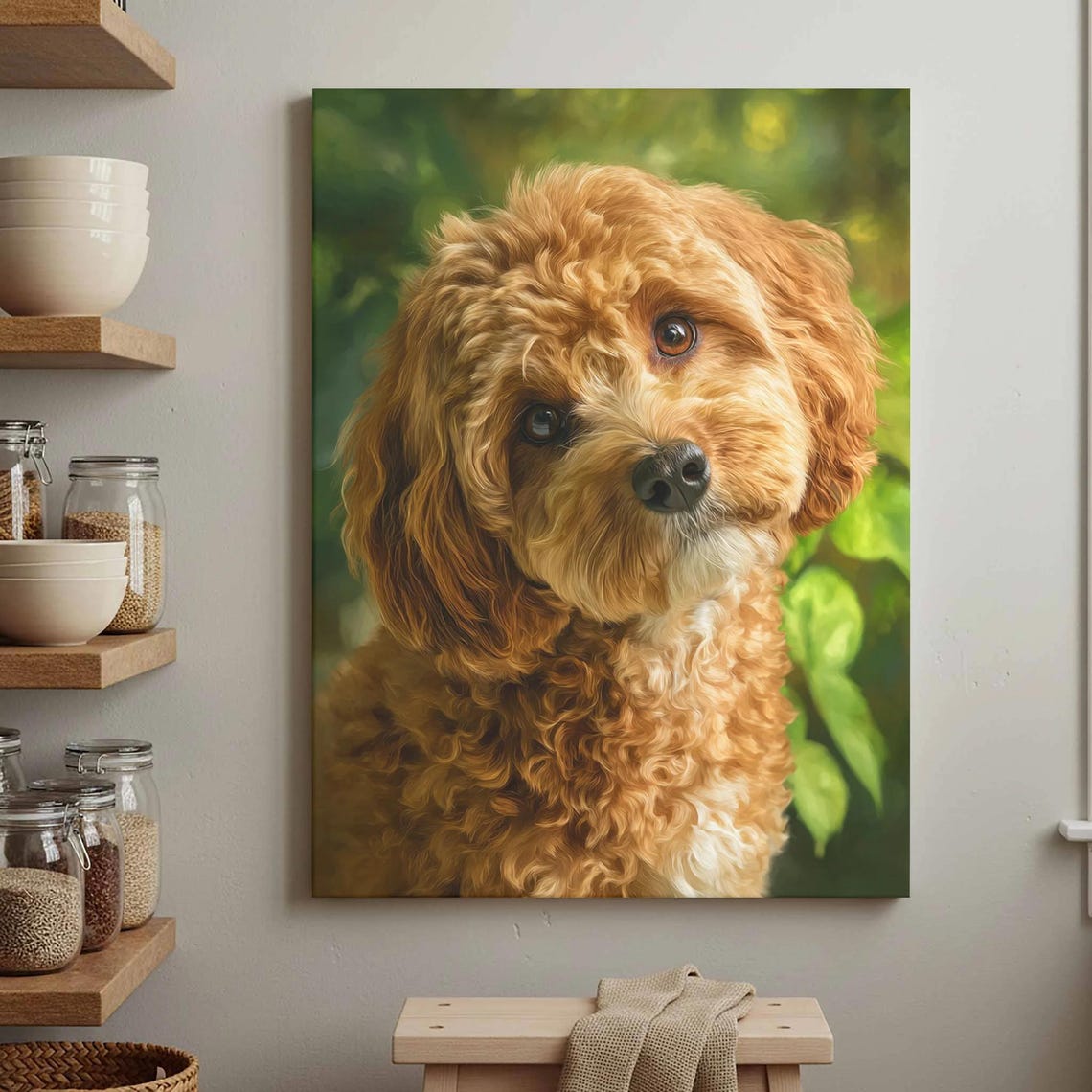 Cavapoo Puppy Portrait Golden Red Fluffy Dog Canvas Wall Art Decor