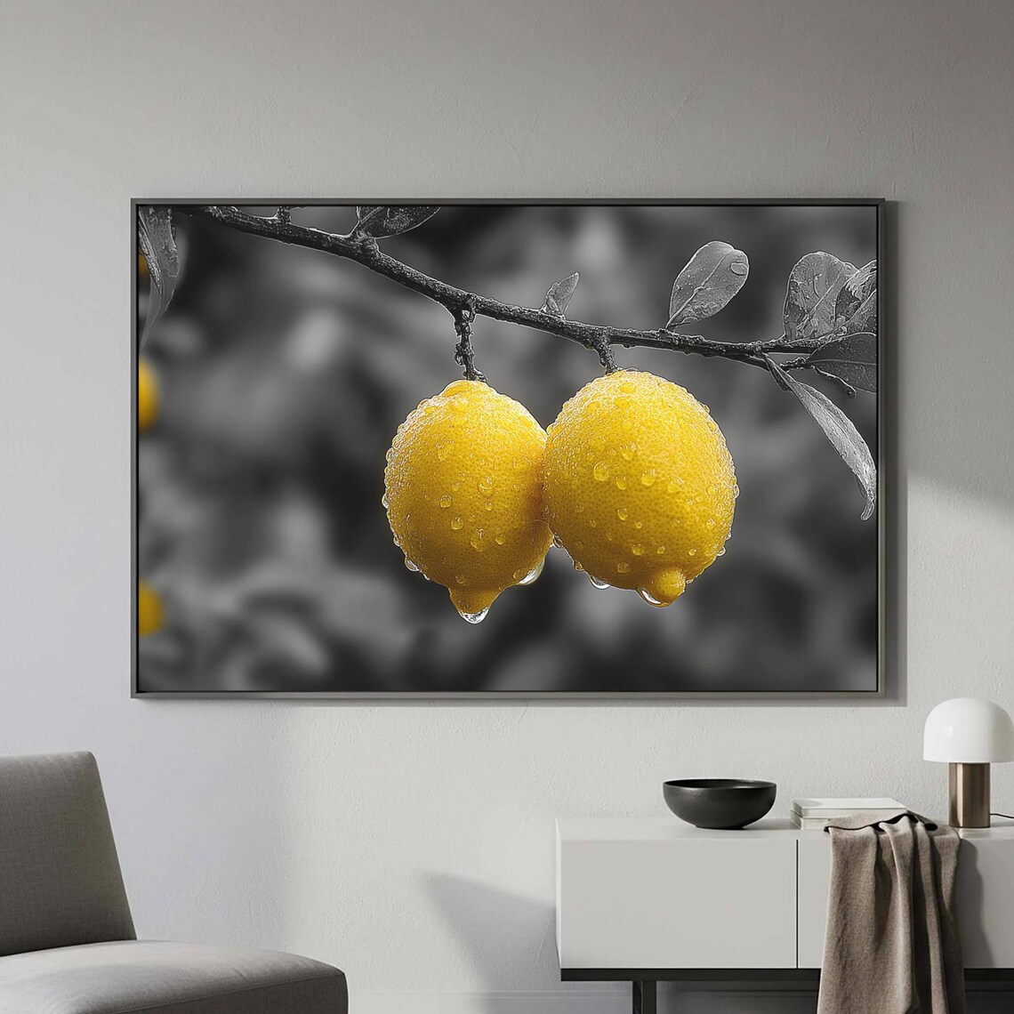 Two Yellow Lemons Branch Color Splash Black White Photo Framed Print
