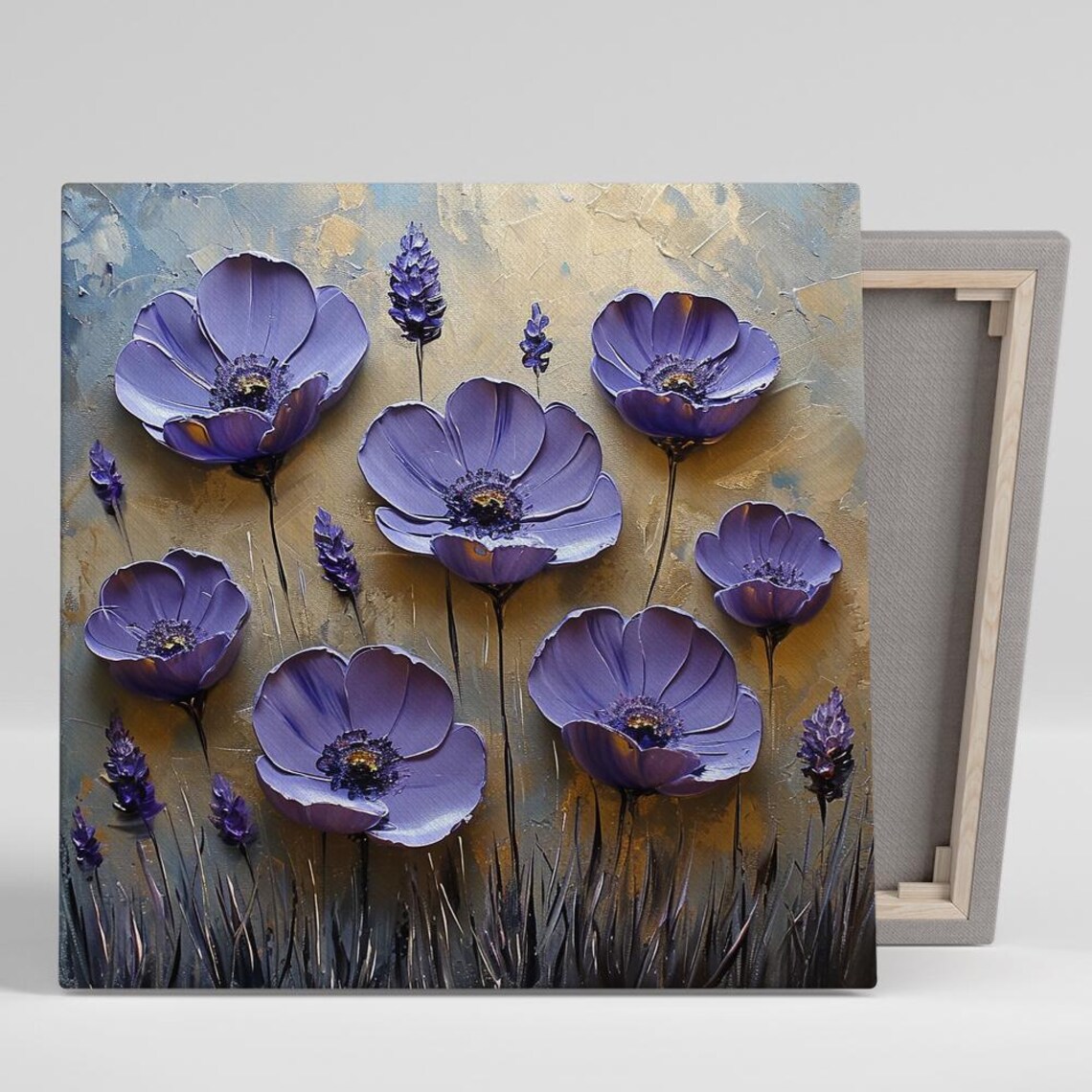 Purple Anemone Gold Background Impasto Lavender Sprigs Art Poster