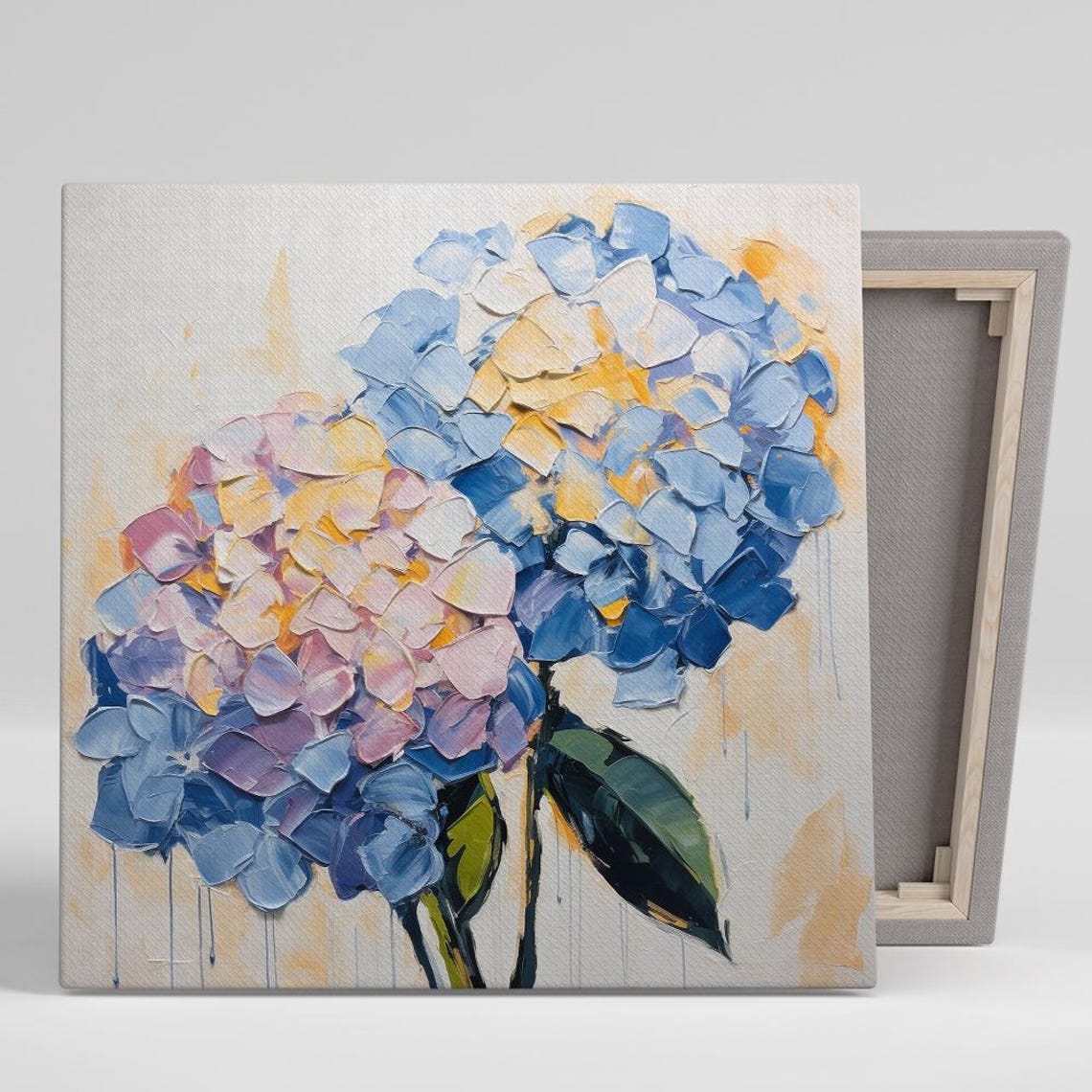 Blue Hydrangea Blooms Impasto Cream Palette Knife Floral Print