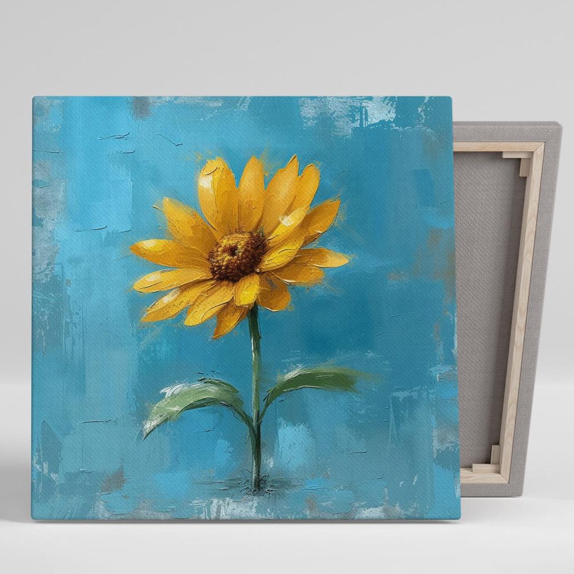 Yellow Sunflower Single Bloom Painting Blue Background Art Poster