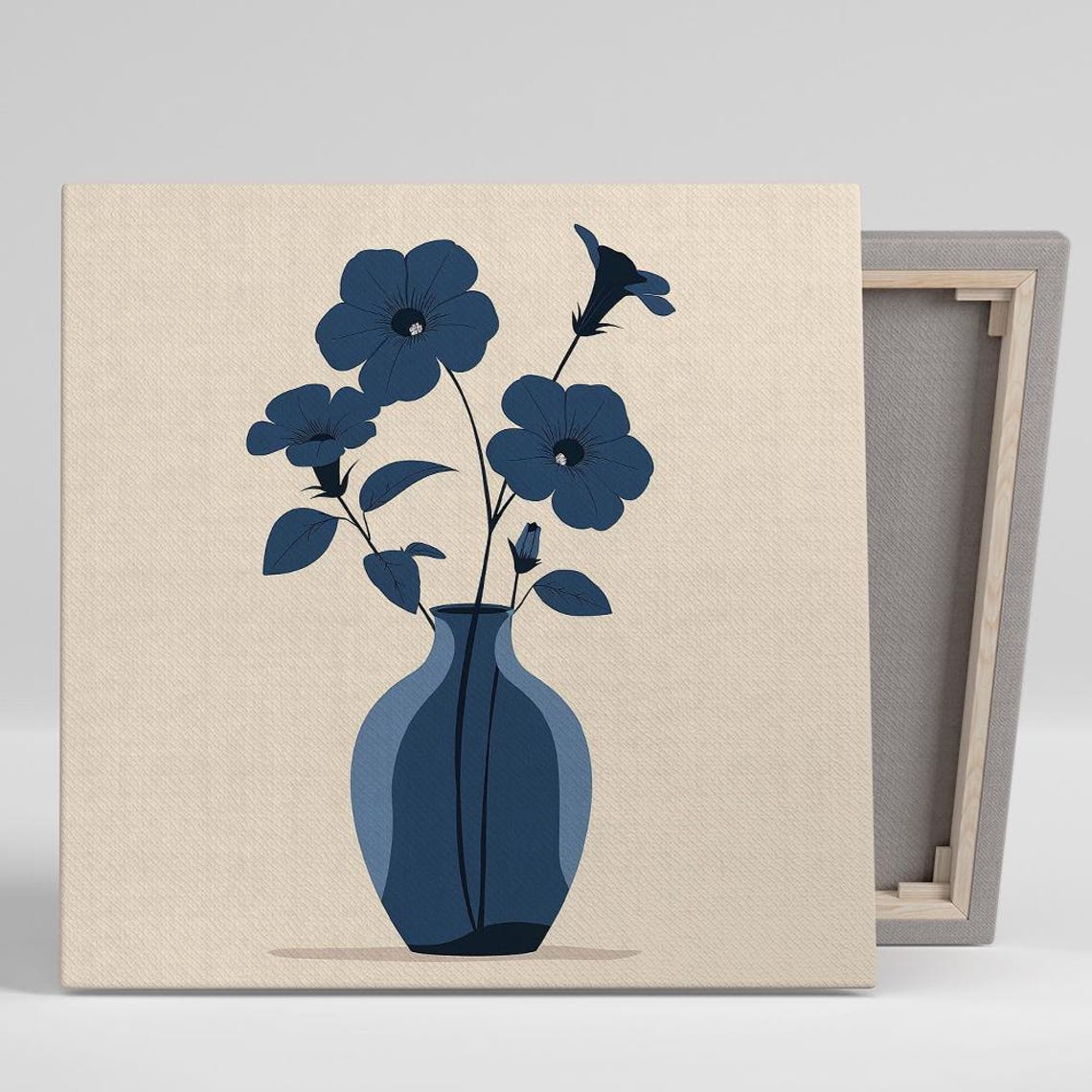 Navy Blue Petunia Stems Vase Beige Minimalist Illustration Poster