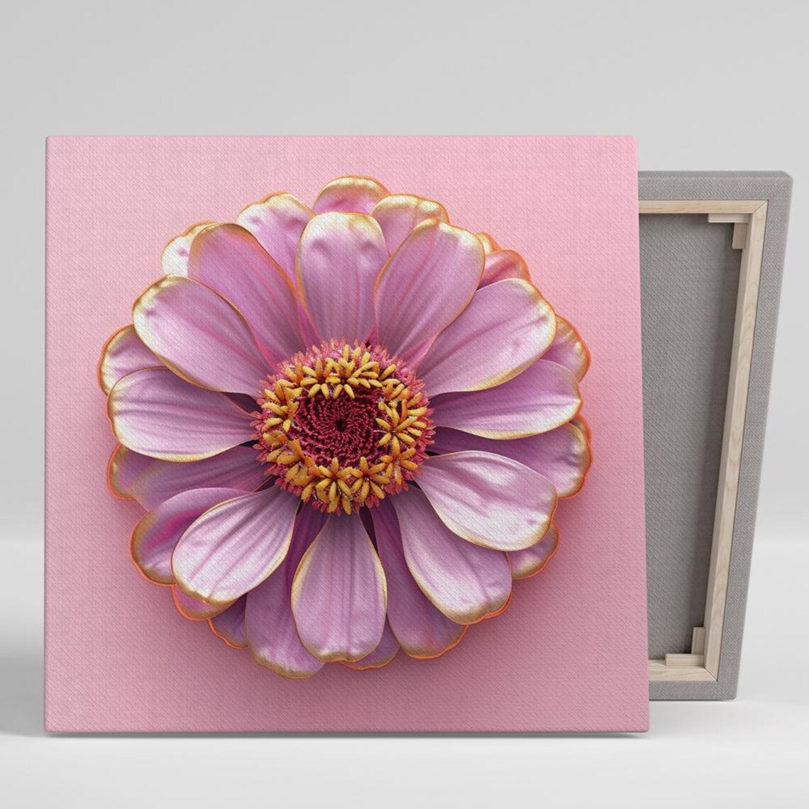 Pink Zinnia Bloom With Golden Petal Edges On Pink Floral Poster