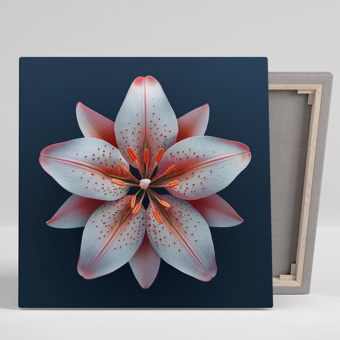White Pink Lily Top View Navy Background Modern Elegant Floral Poster