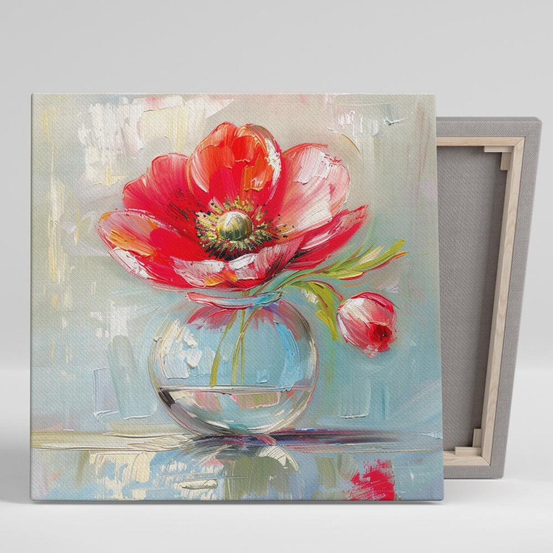 Red Poppy in Glass Vase Impasto Oil Painting Floral Still Life Poster
