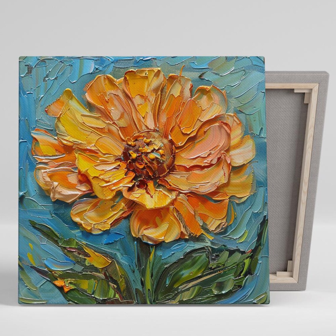Orange Marigold Impasto Turquoise Palette Knife Floral Print