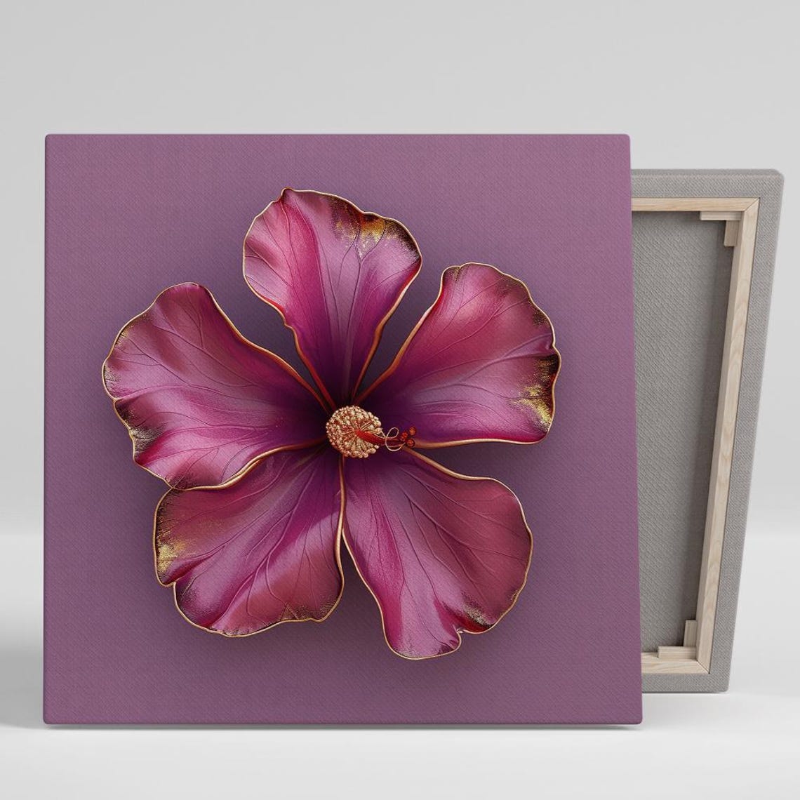 Magenta Hibiscus Gold Trim Luxury 3D Bloom Purple Floral Wall Poster
