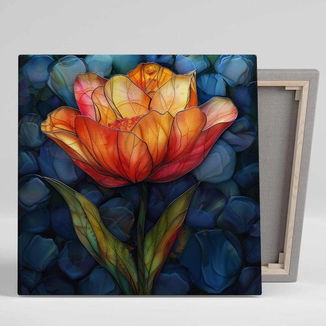 Stained Glass Orange Tulip Luminous Petals On Midnight Blue Art Poster