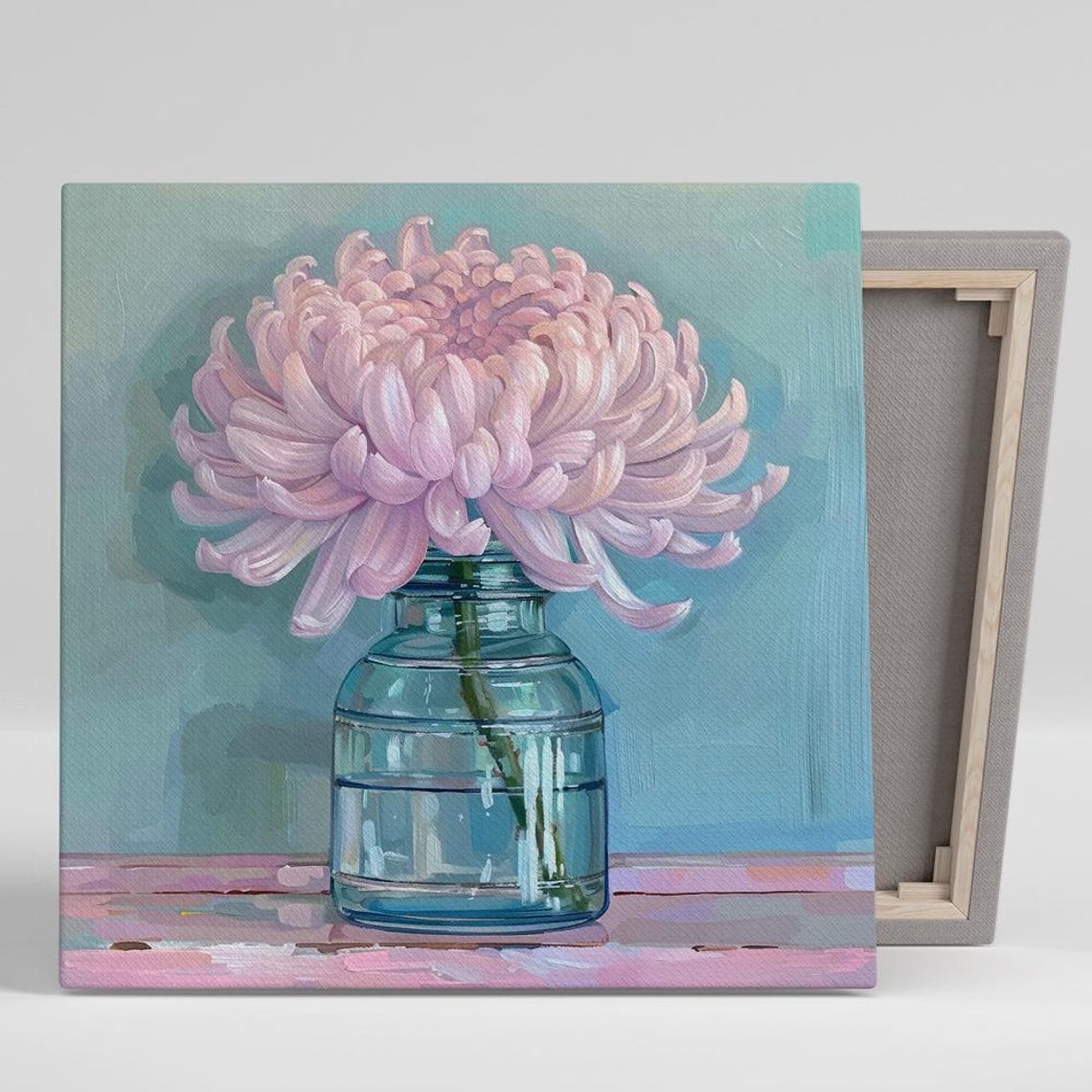 Pink Chrysanthemum Bloom Glass Jar Still Life Painting Poster