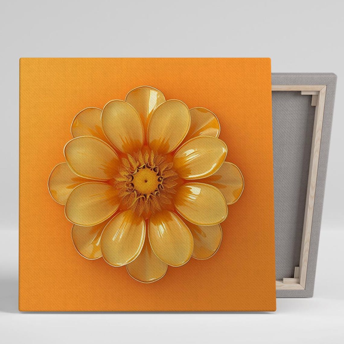 Golden Glossy Daisy Bloom On Warm Orange Background Floral Poster