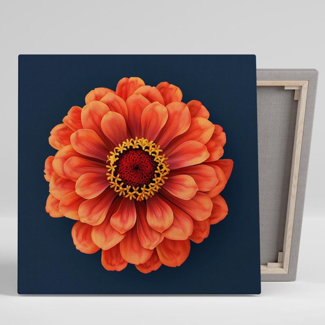 Orange Zinnia Gold Star Center Navy Background Bold Floral Poster