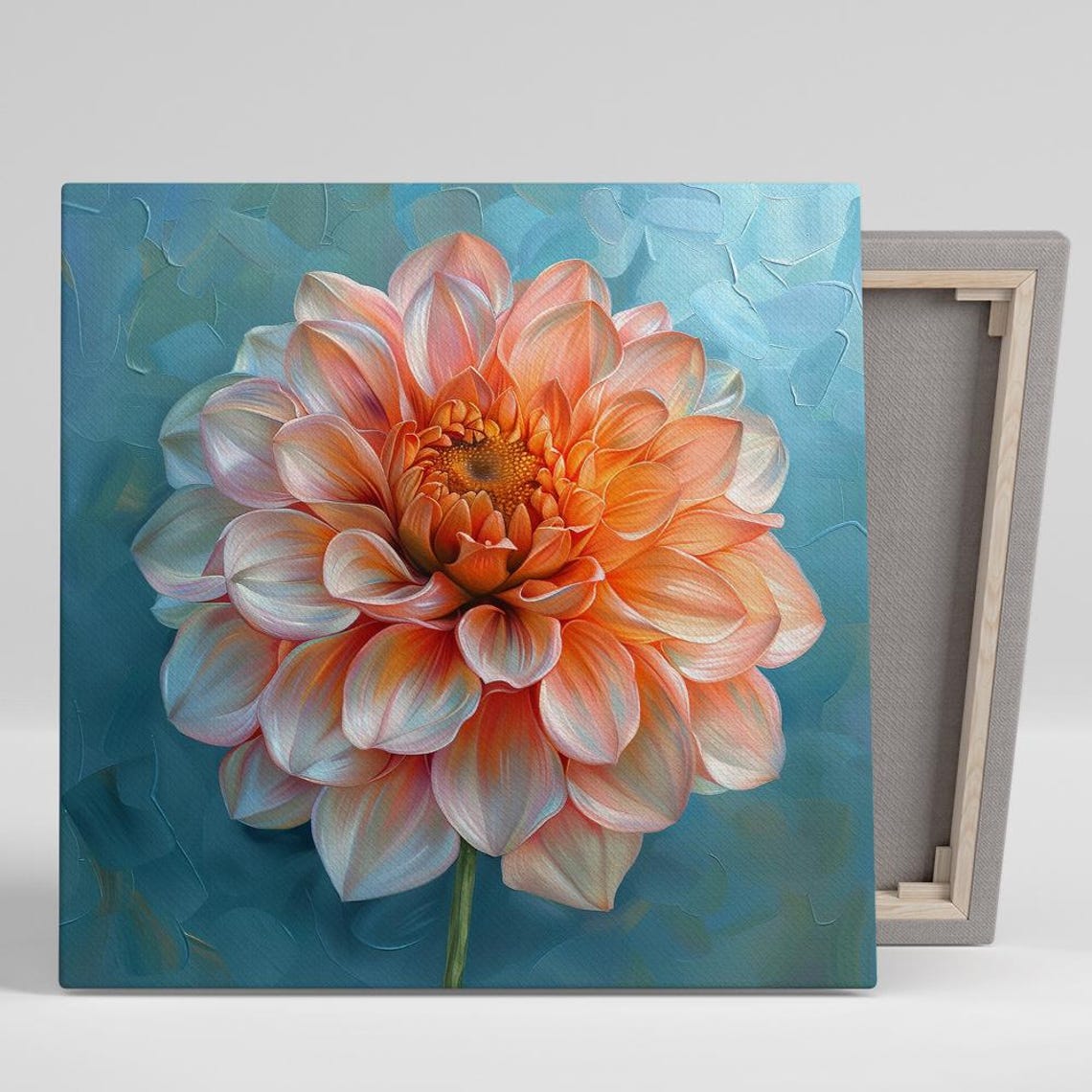 Peach Dahlia Turquoise Impasto Modern Elegant Floral Wall Art Print