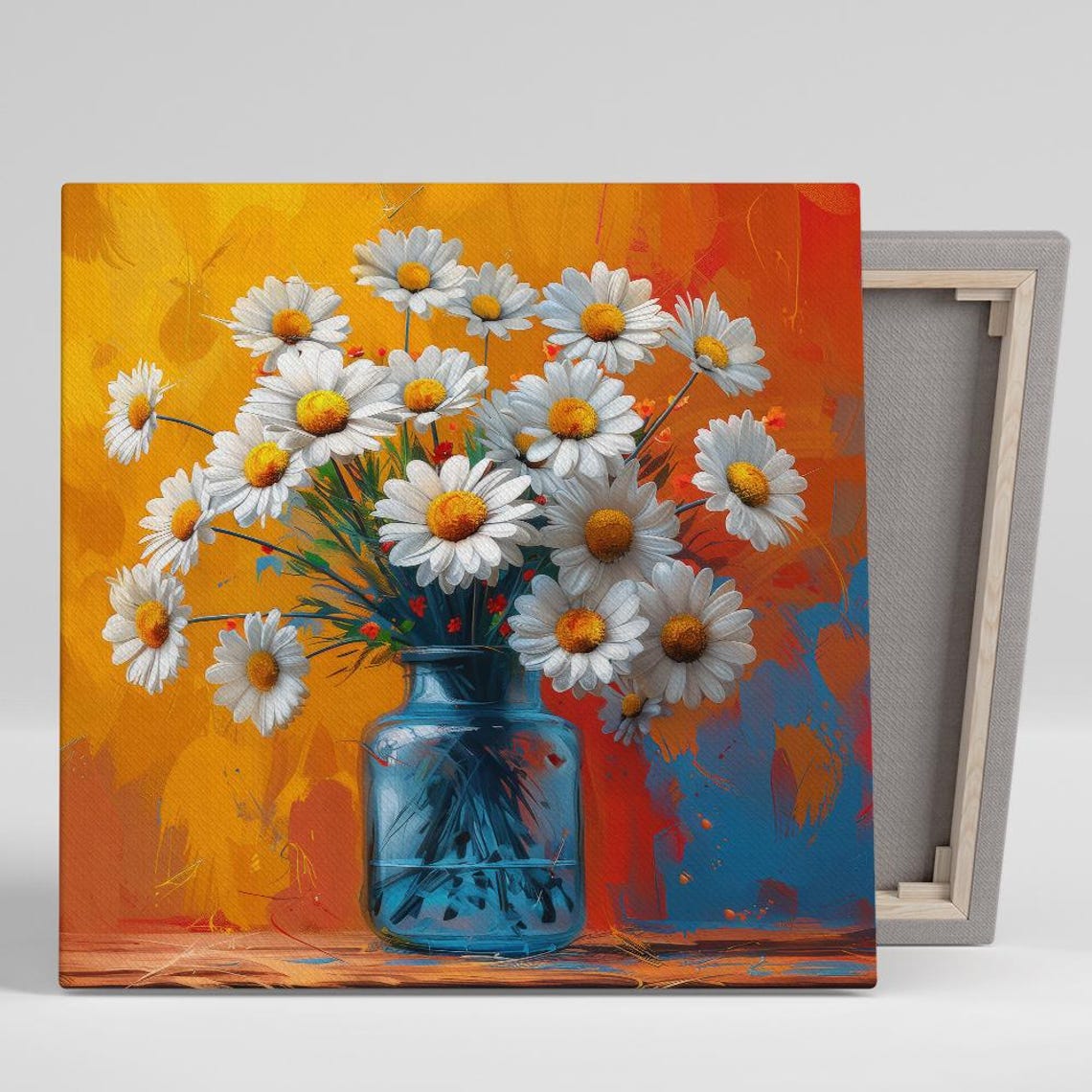 White Daisy Bouquet Blue Vase Bold Colorful Painted Floral Poster