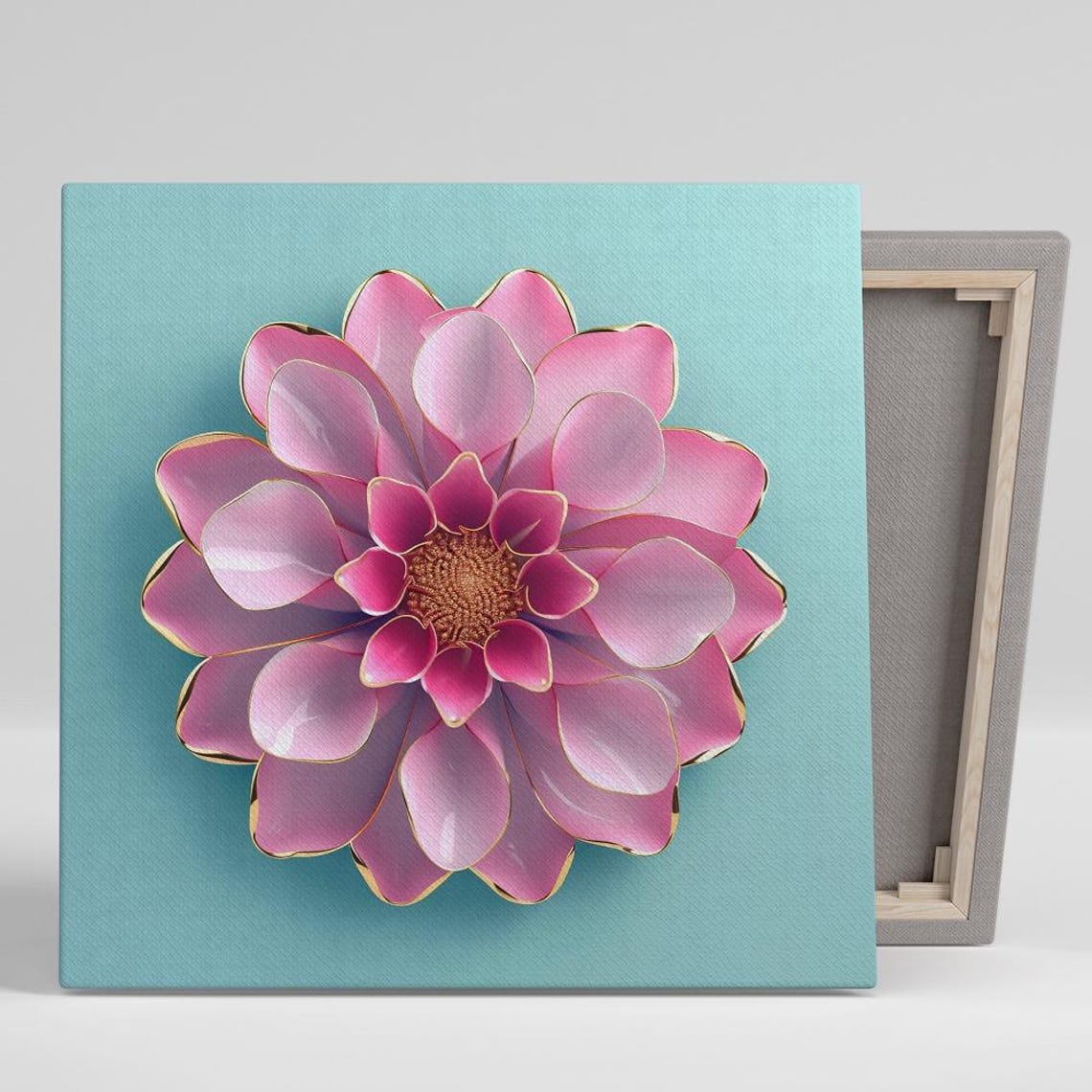 Pink Dahlia Gold Trim 3D Glam Turquoise Elegant Modern Floral Print