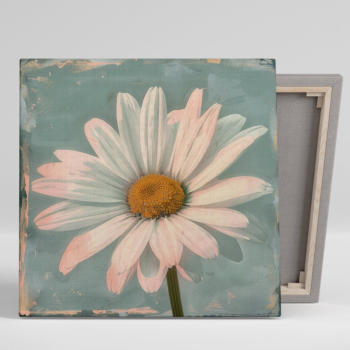 White Daisy Vintage Bloom Distressed Teal Background Rustic Art Poster