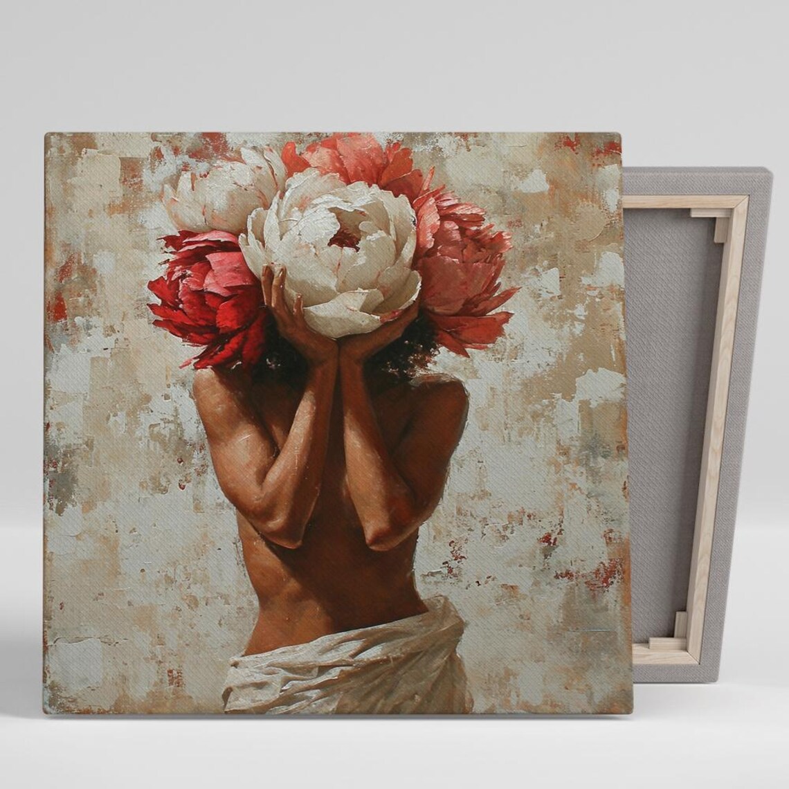 Woman Hidden Behind Giant Peonies Surreal Floral Oil Painting Poster