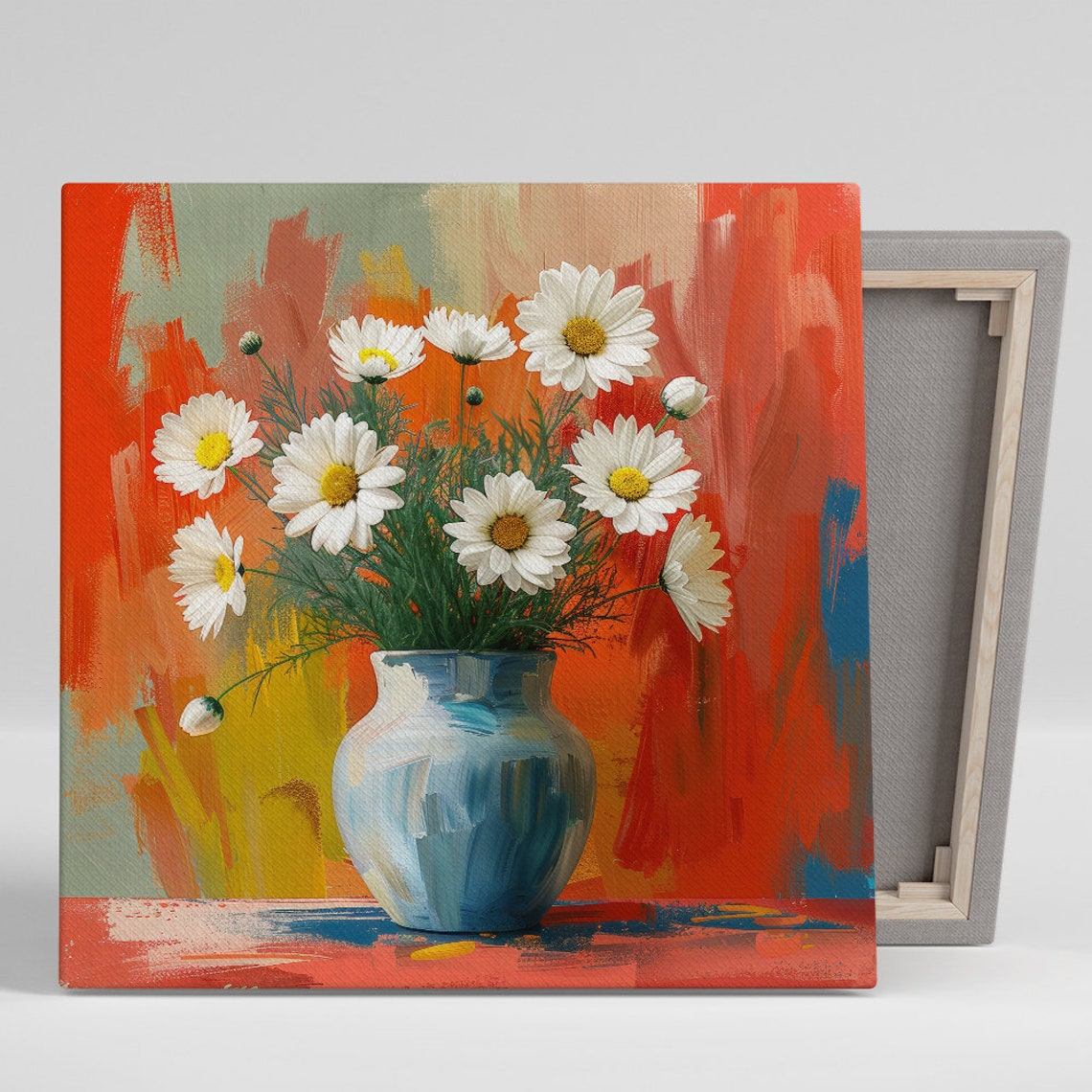 Bouquet White Daisies Blue Vase Bold Red Painterly Floral Art Print
