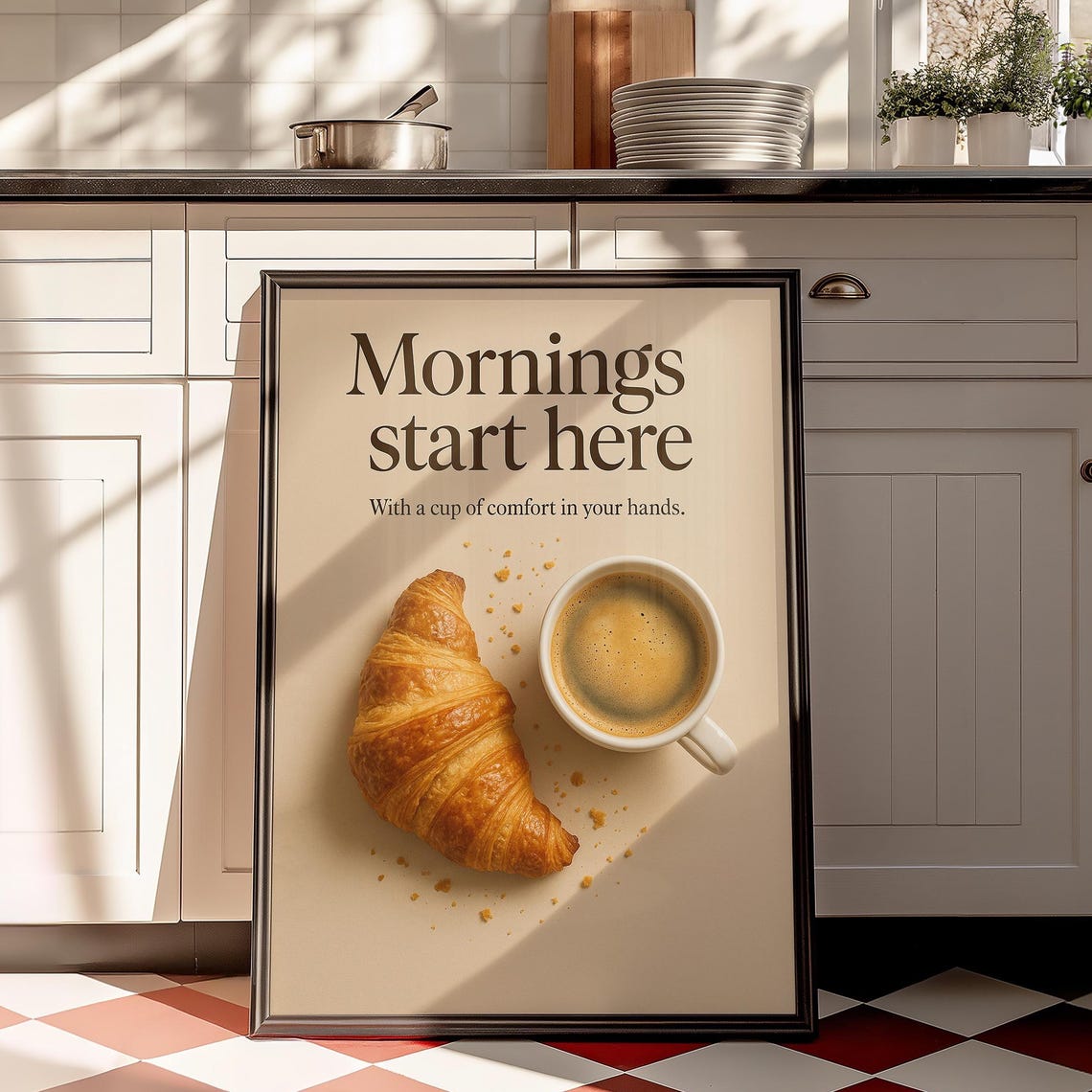 Mornings Start Here Croissant Coffee Kitchen Quote Decor Wall Art