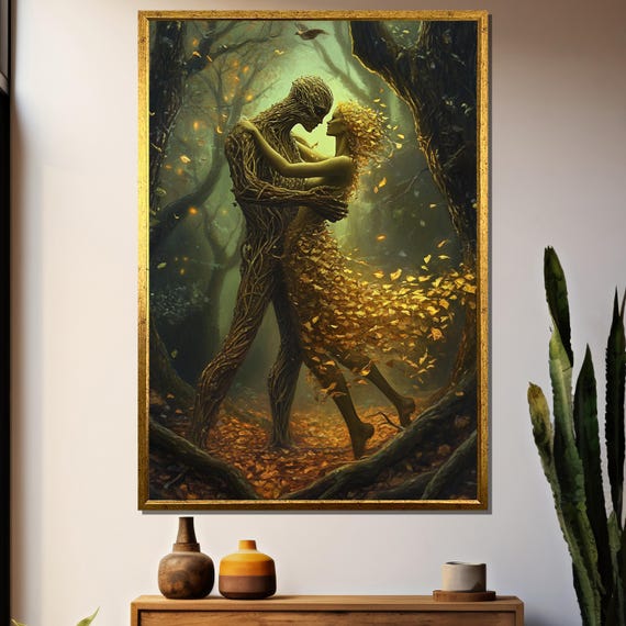 Surreal Tree Lovers Painting, Romantic Forest