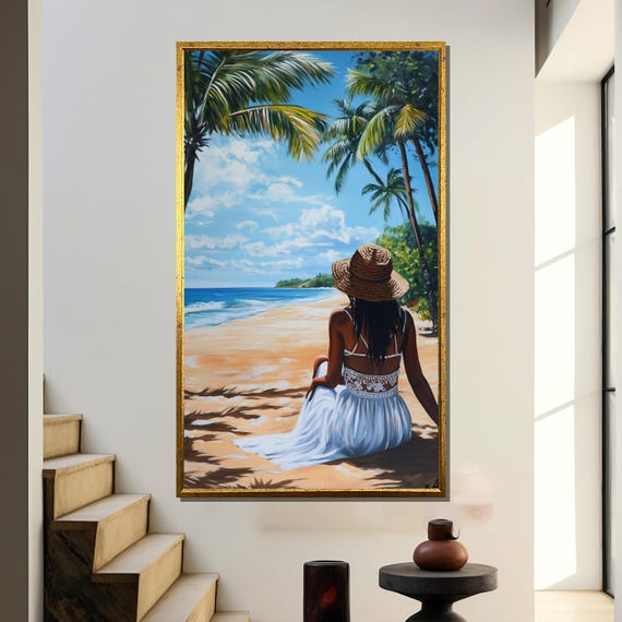Tropical Beach Painting, Woman In White Dress