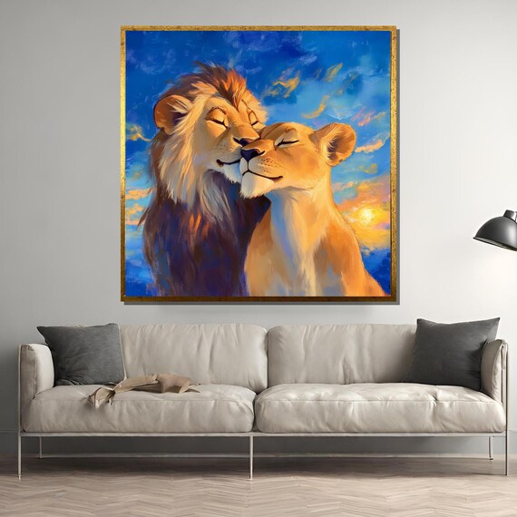 Romantic Lion Couple, Pastel Painting Under Sunset Sky