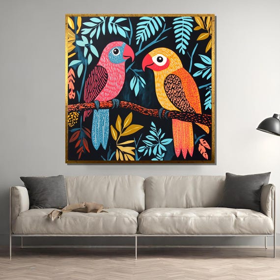 Colorful Linocut Parrots, Bold Tropical Birds