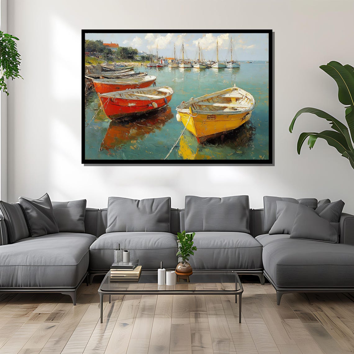 Colorful Rowboats in a Peaceful Marina, Coastal Painting - Image 2