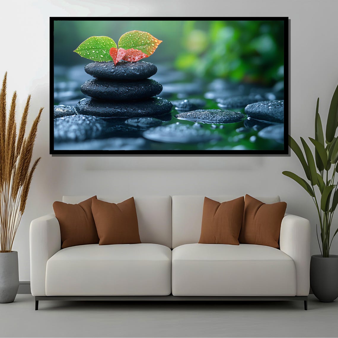 Zen Stones With Dew Leaves, Tranquil Nature Poster - Image 2