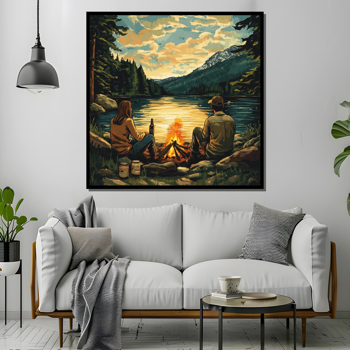Couple By Campfire Lake Painting, Rustic Cabin Decor - Image 2