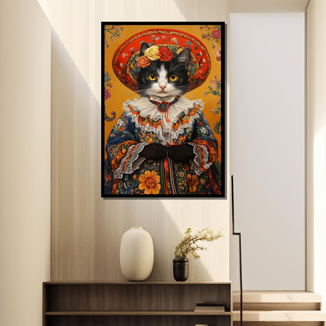 Mexican Cat Art Print, Traditional Folk Costume - Image 2
