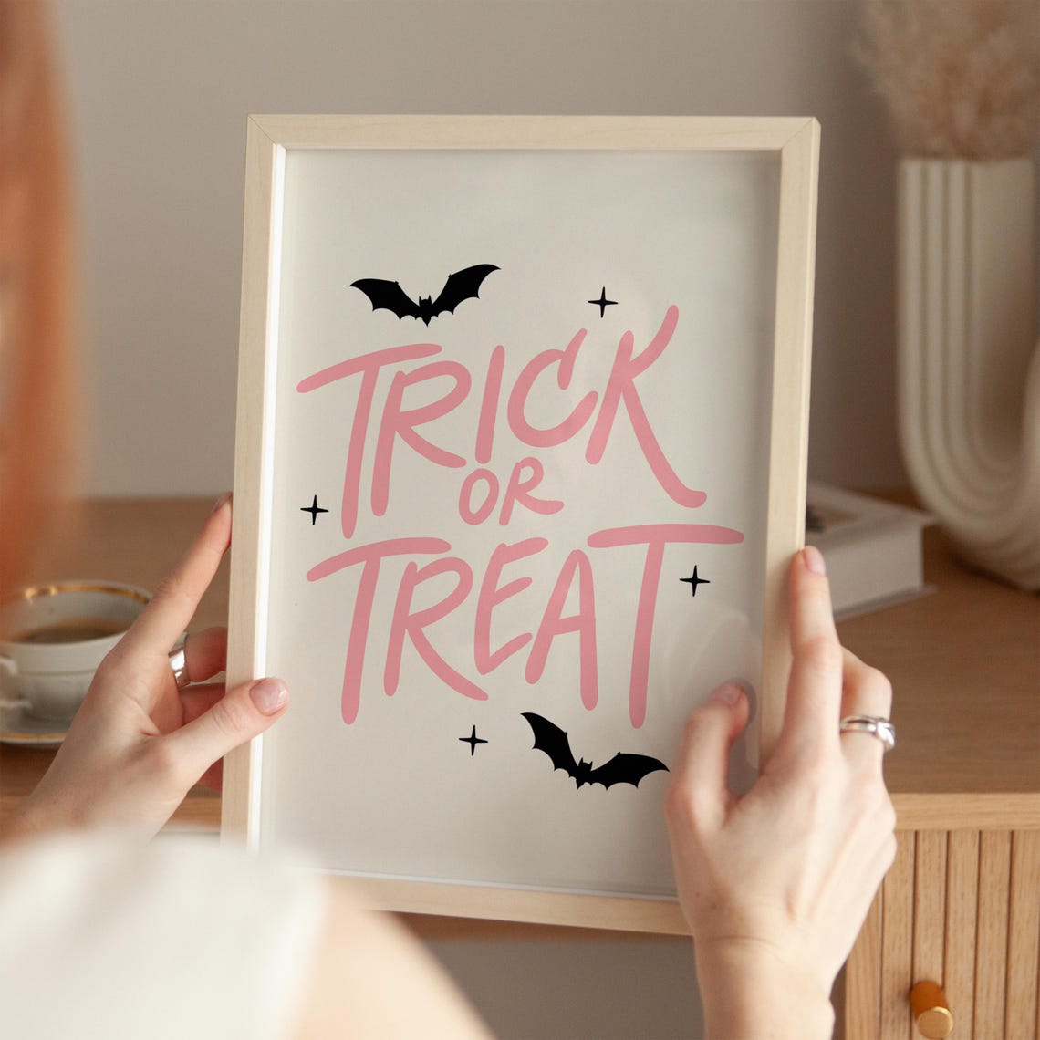 Trick or Treat Pink Script Lettering with Black Bats Halloween Poster - Image 3