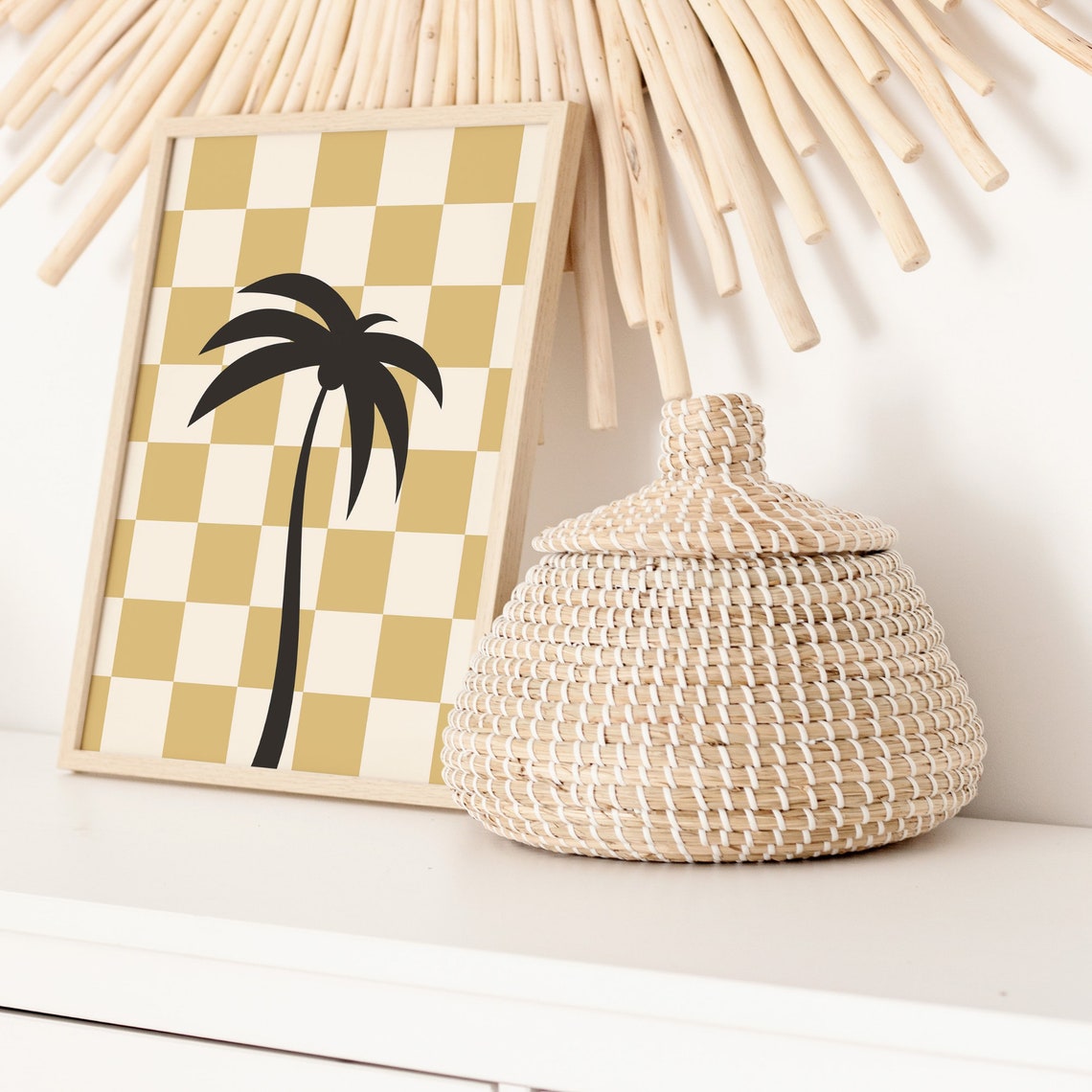 Boho Palm Tree Silhouette Tan Checkered Tropical Beach Wall Art - Image 2