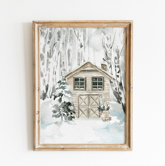 Winter Barn Snowy Birch Forest Christmas Watercolor Art Poster