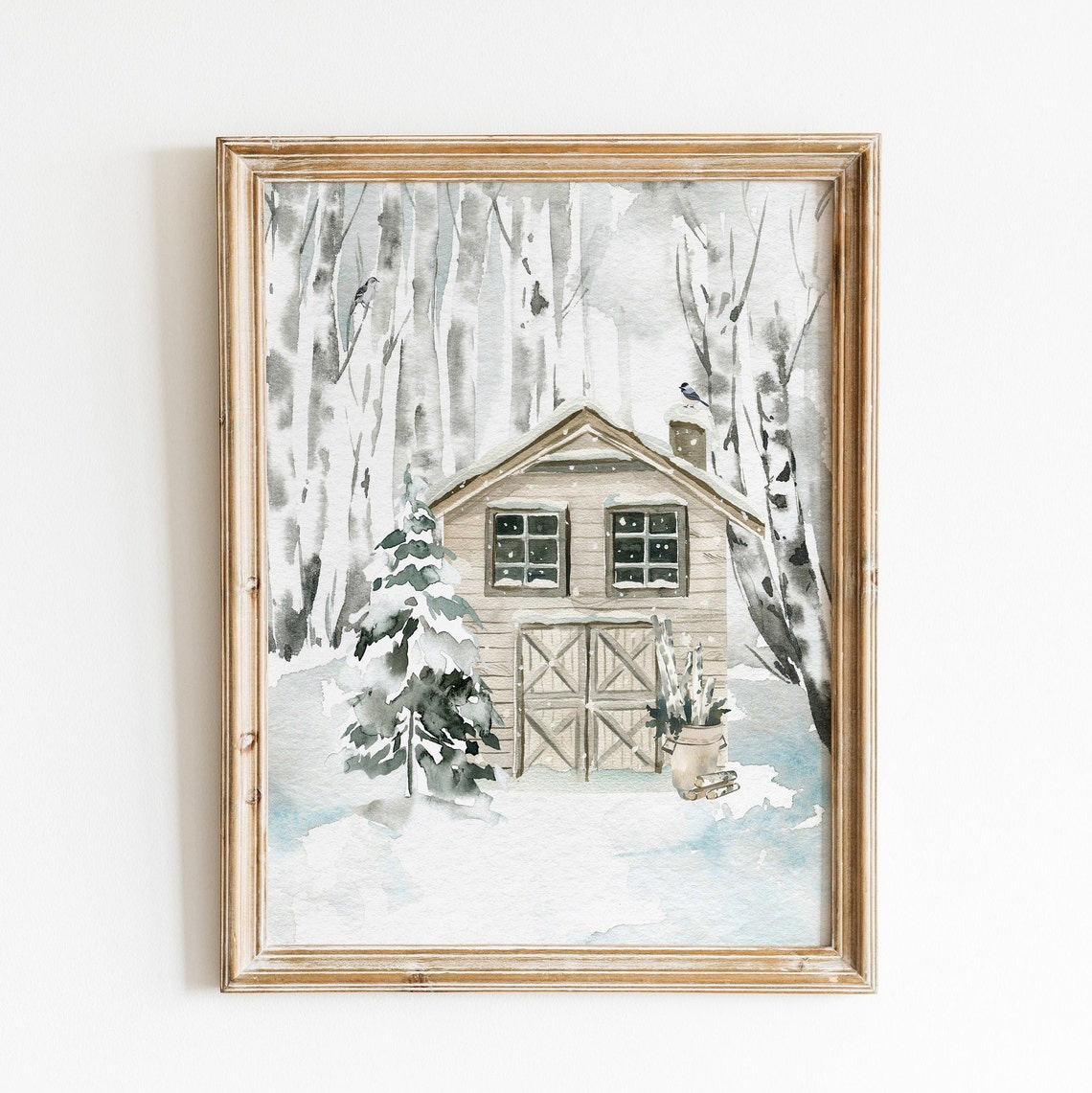 Winter Barn Snowy Birch Forest Christmas Watercolor Art Poster