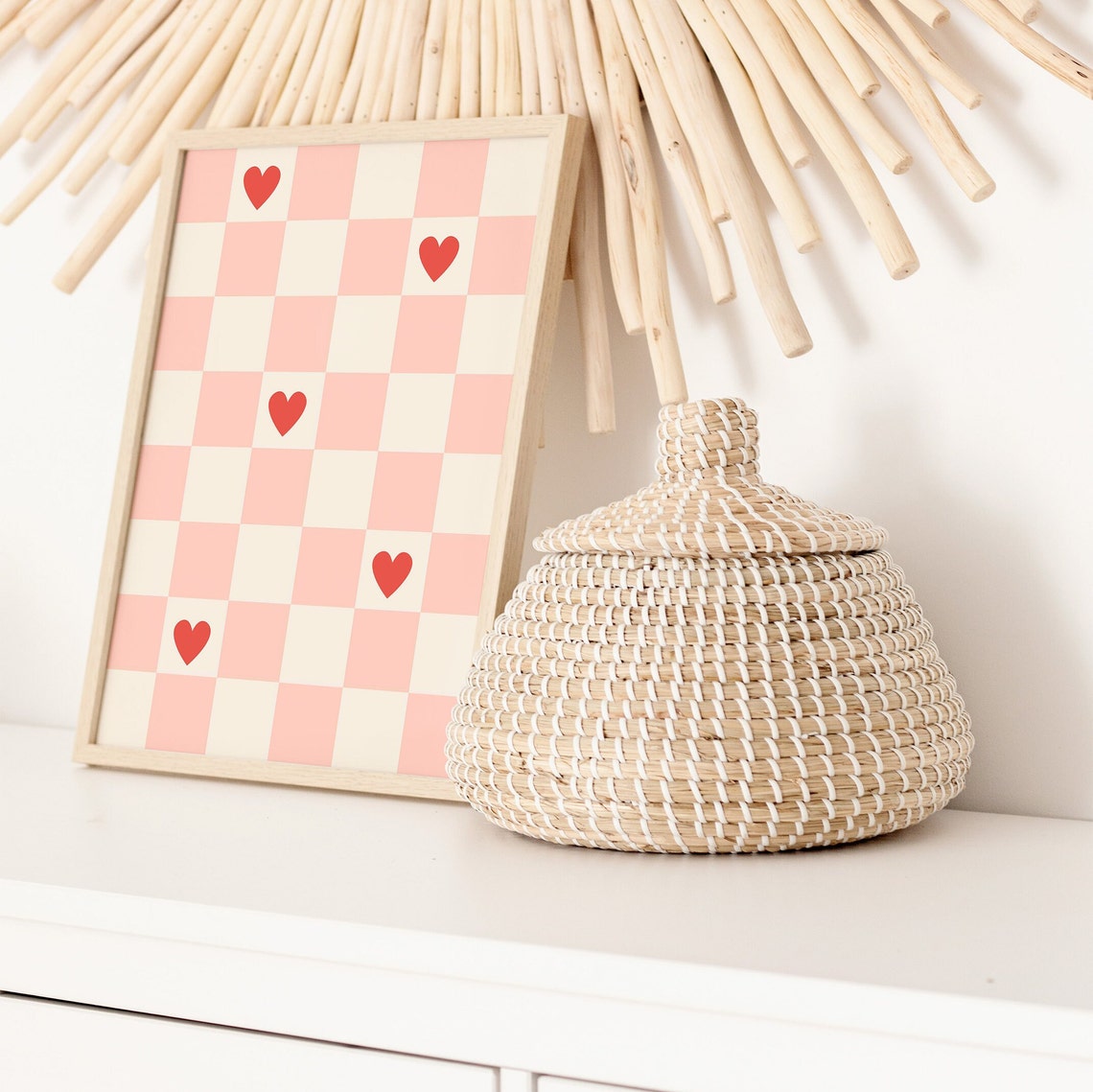 Pink Checkered Red Hearts Retro Valentine Pattern Holiday Poster - Image 3