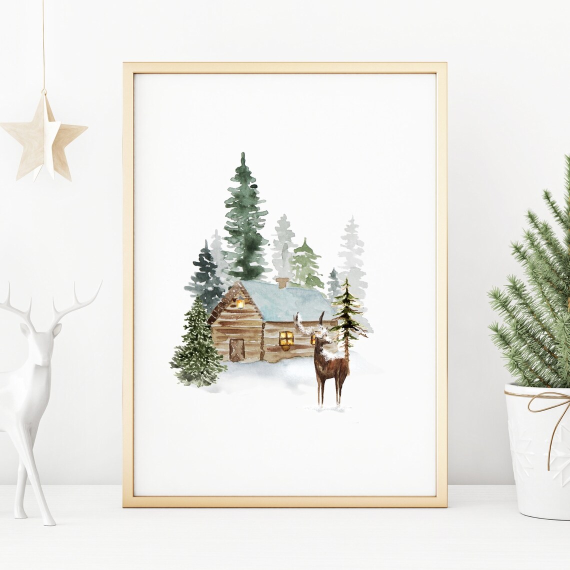 Winter Wonderland Snowy Forest Cabin With Deer Watercolor Poster