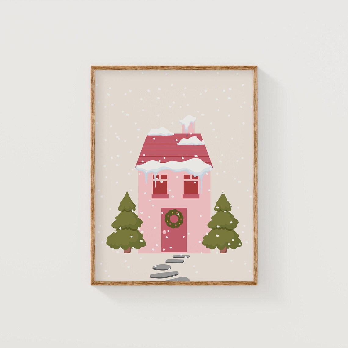 Cozy Pink Snowy Christmas Cottage Winter Village Holiday Poster - Image 2