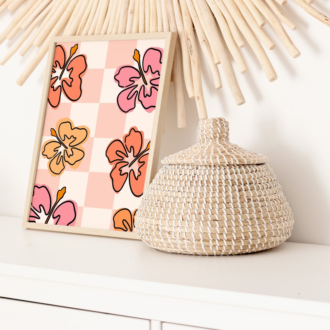 Pink Checkerboard Hibiscus Flowers Retro Tropical Floral Wall Poster - Image 3