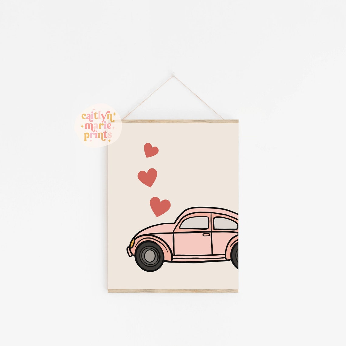 Pink Volkswagen Beetle With Hearts Cute Valentines Day Poster