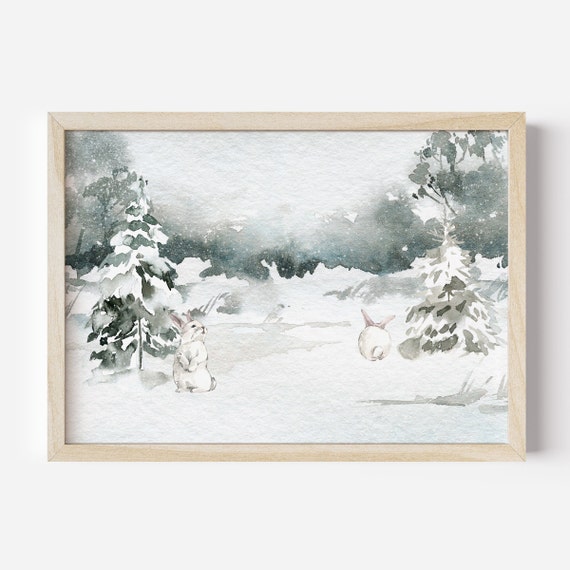 Winter Farmhouse Print Moody Christmas Print Winter Rabbits Christmas Print Winter Landscape Art