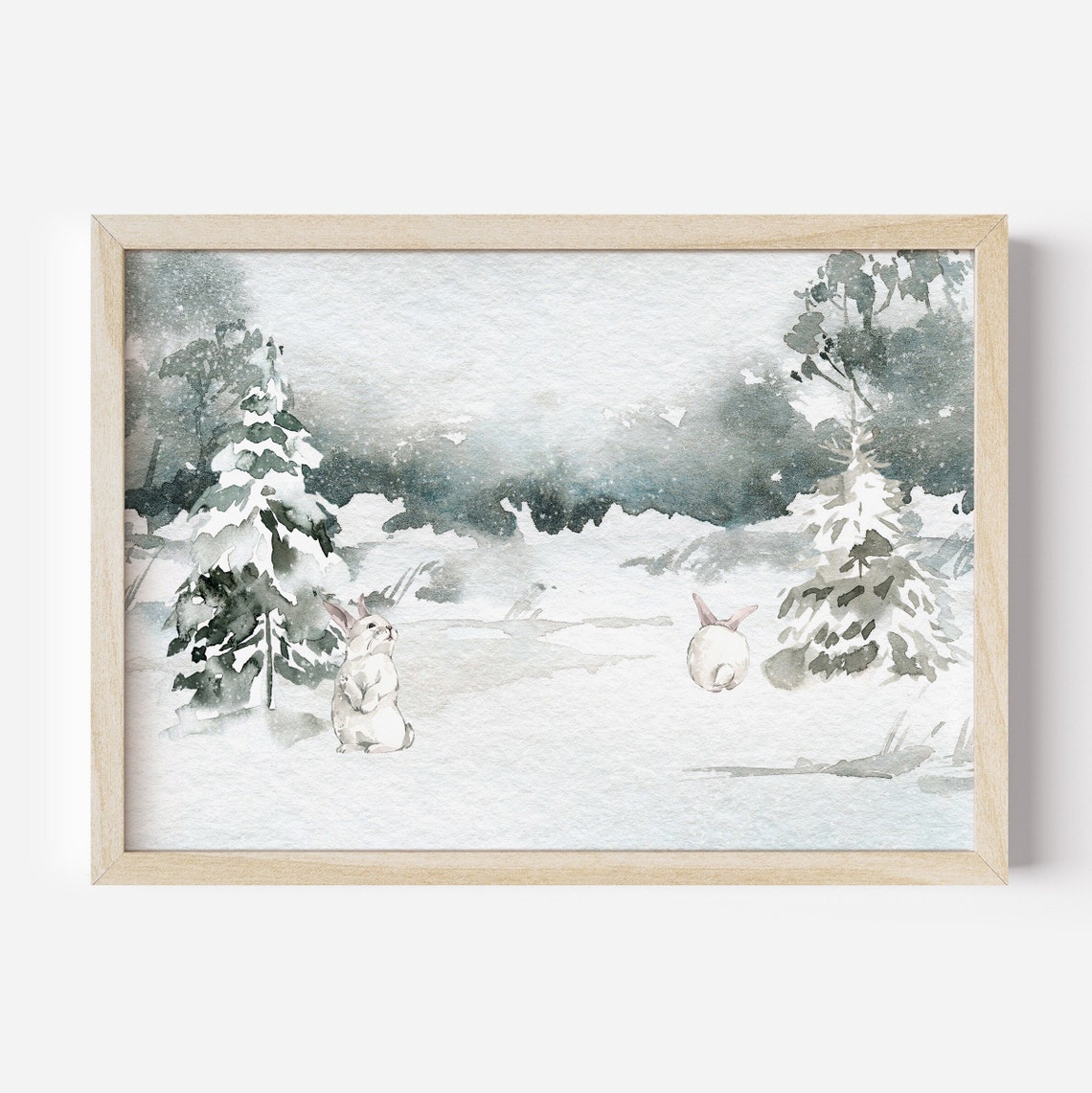 Winter Rabbits Watercolor Snowy Forest Landscape Woodland Art Print