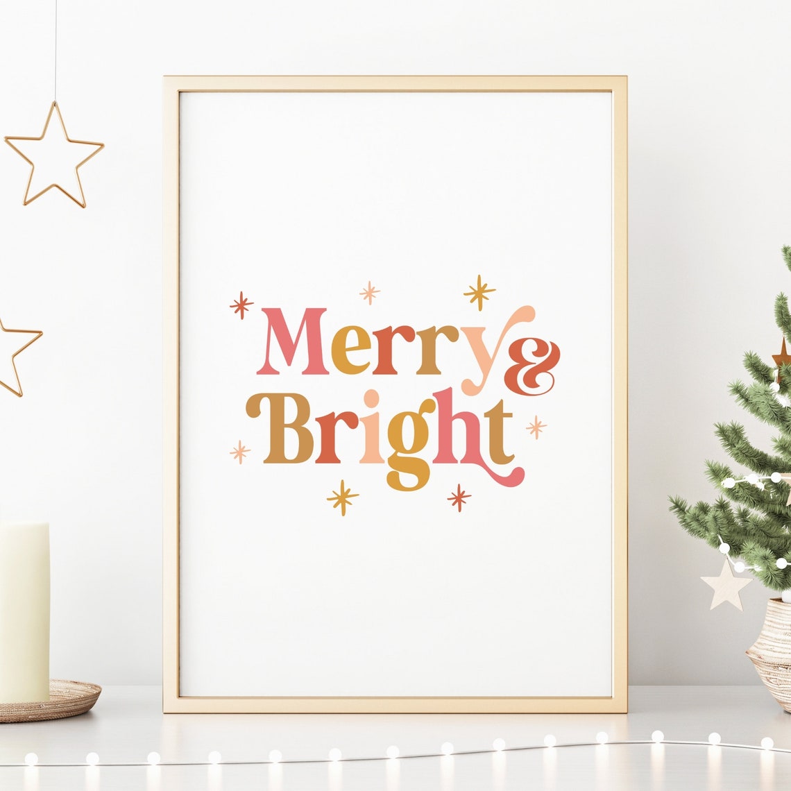 Merry and Bright Retro Multicolor Typography Christmas Print
